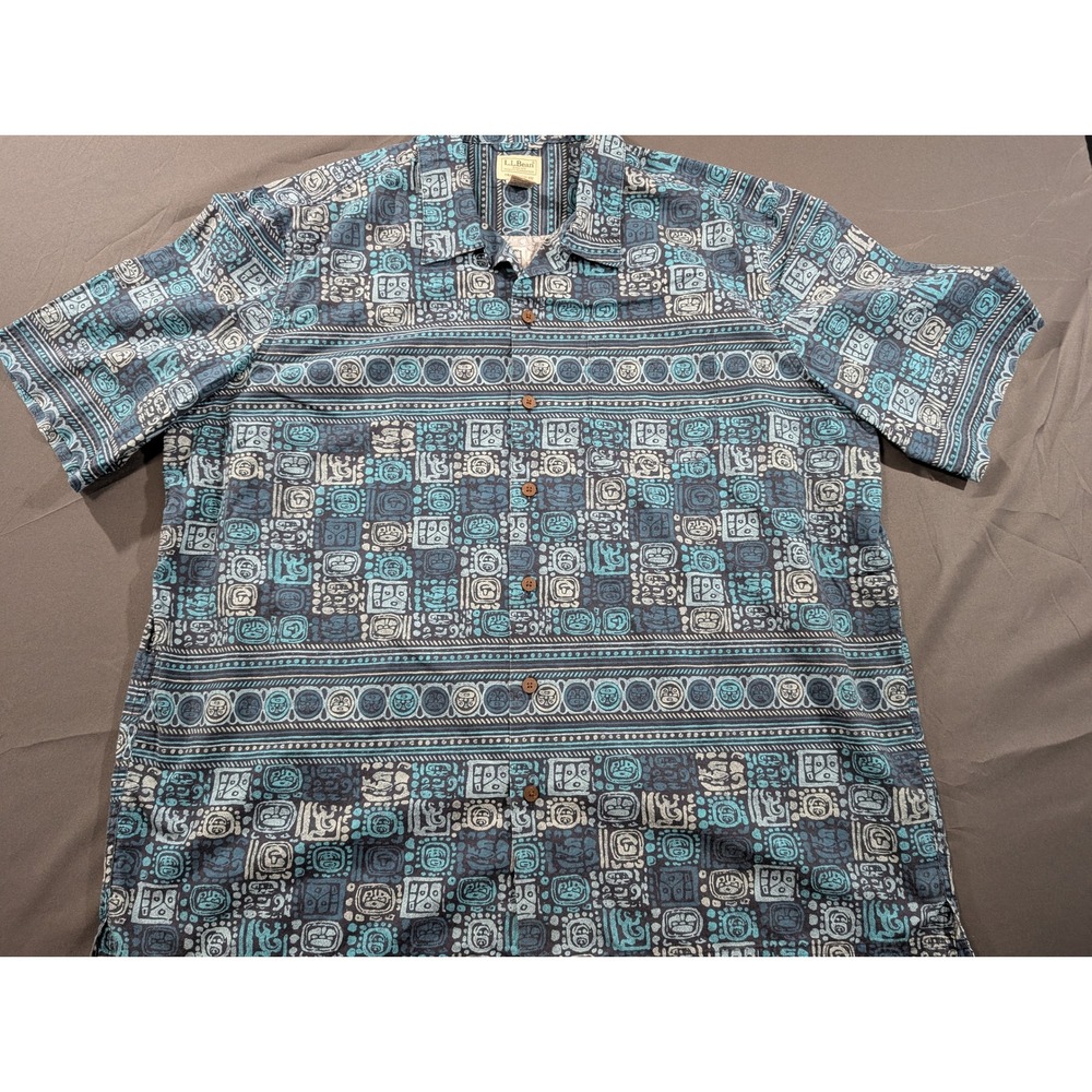 LL Bean Mens XL Traditional Fit Mayan Glyph Print Cotton Button Down Shirt Blue